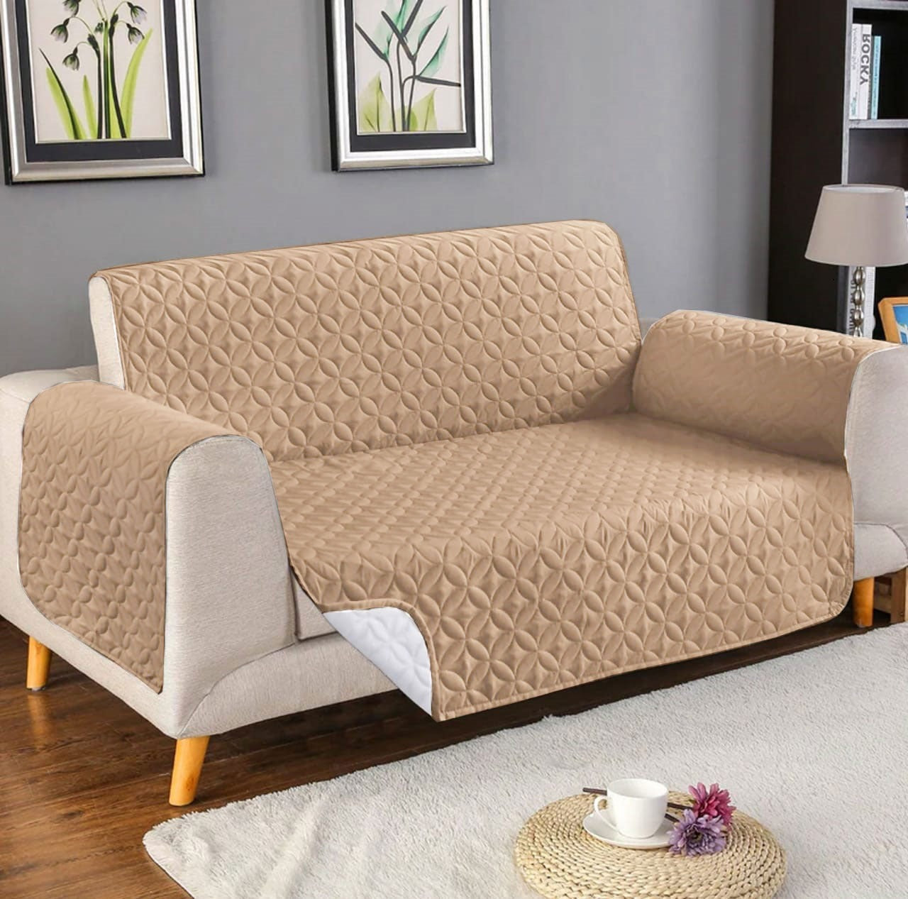 Ultrasonic Cotton Quilted Sofa Cover﹙Beige ﹚