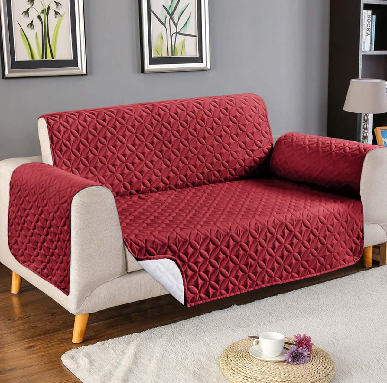 Ultrasonic Cotton Quilted Sofa Cover﹙ Maroon﹚