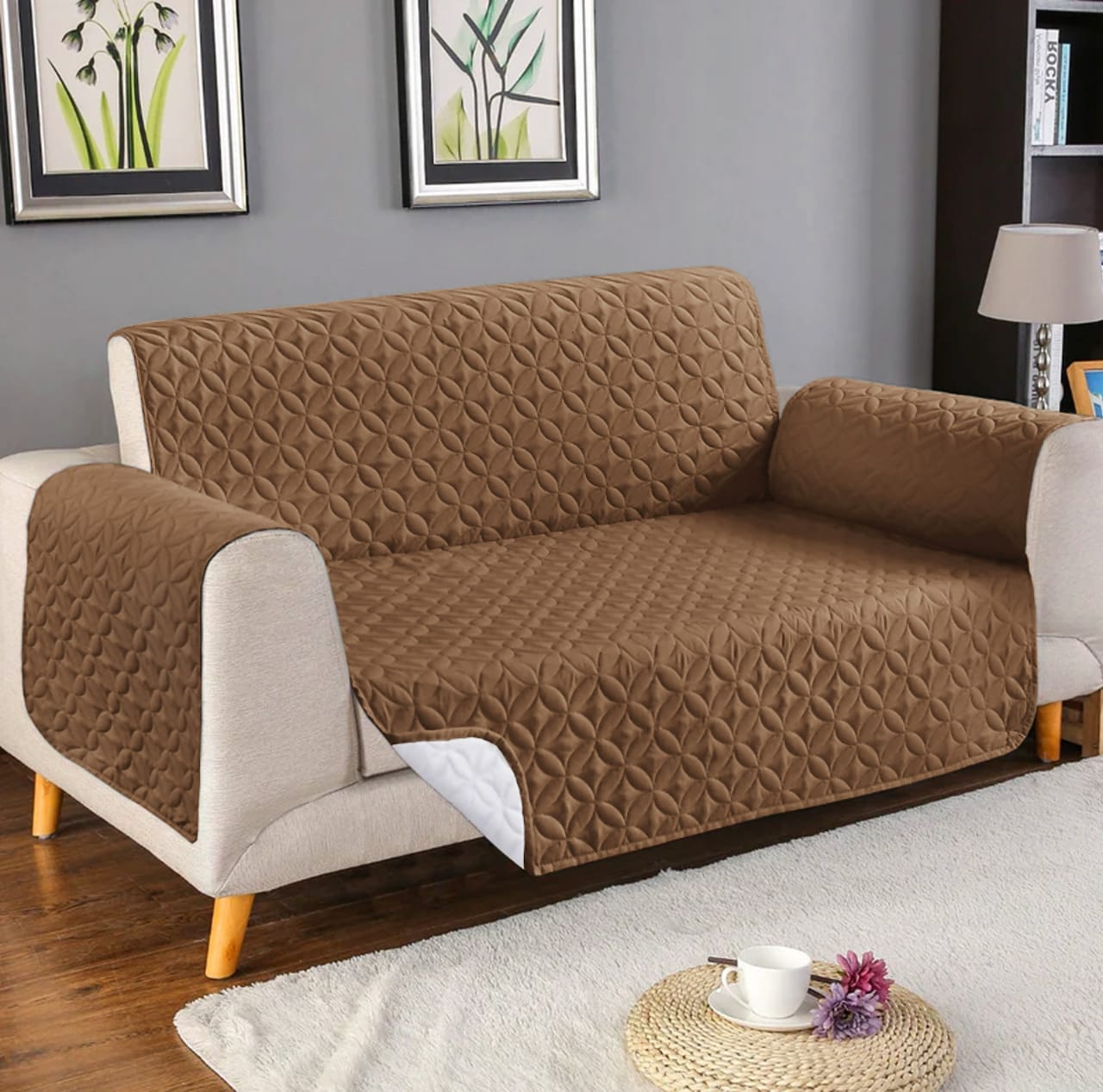 Ultrasonic Cotton Quilted Sofa Cover﹙ Light Brown ﹚